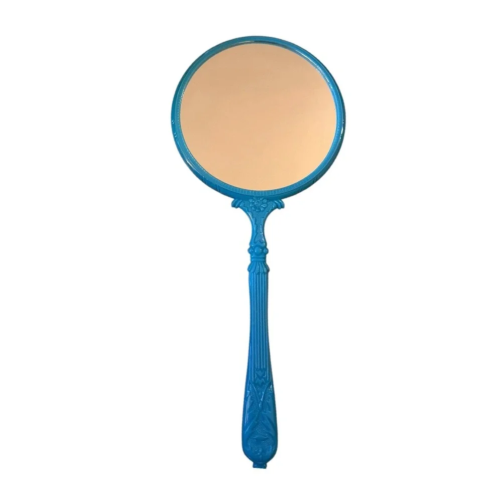 Vtg 60s Teal Blue Hand Mirror Floral Stained Glass Pattern Ornate Handle Retro